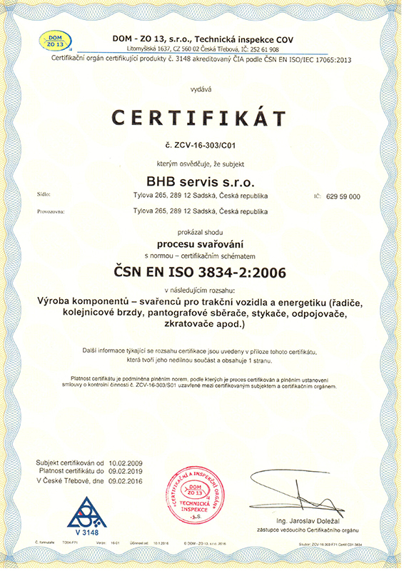 Certifikát BHB servis, s.r.o. 2016b